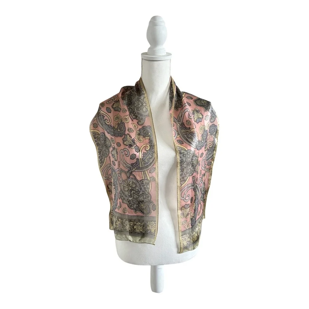Jones New York 100% Silk Scarf Pink Olive Green Paisley Floral Boho Old Money